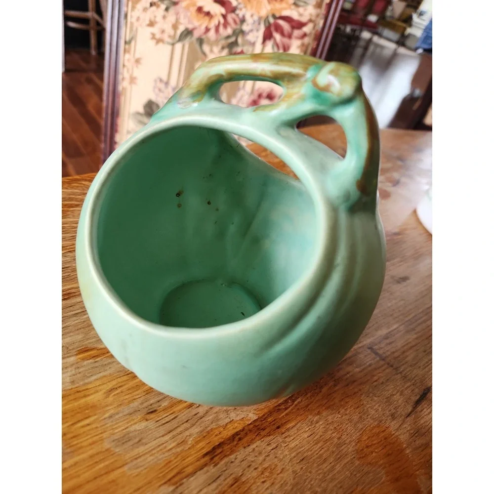 Vintage Weller Art Pottery Wild Rose Matte Green / Blue Basket Vase